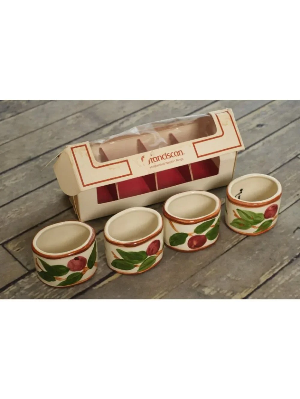 FRANCISCAN WARE Stoneware Hand Painted Apples Leaves Napkin Rings-Set 4 NOS